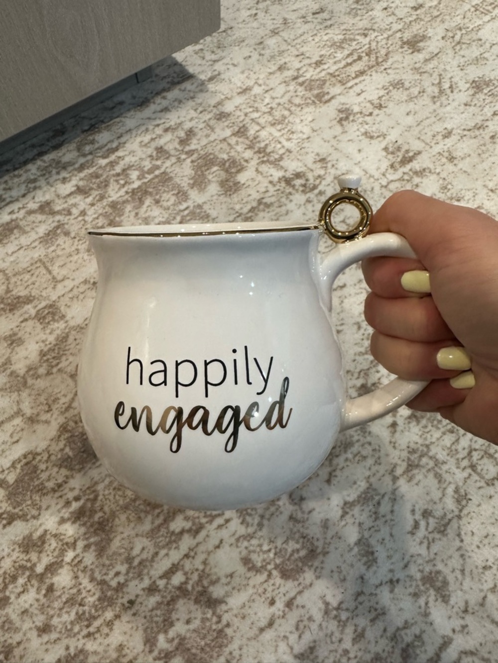 Happily Engaged White Ceramic Mug with Ring Accent